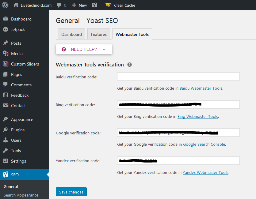 Webmaster tools on Yoast
